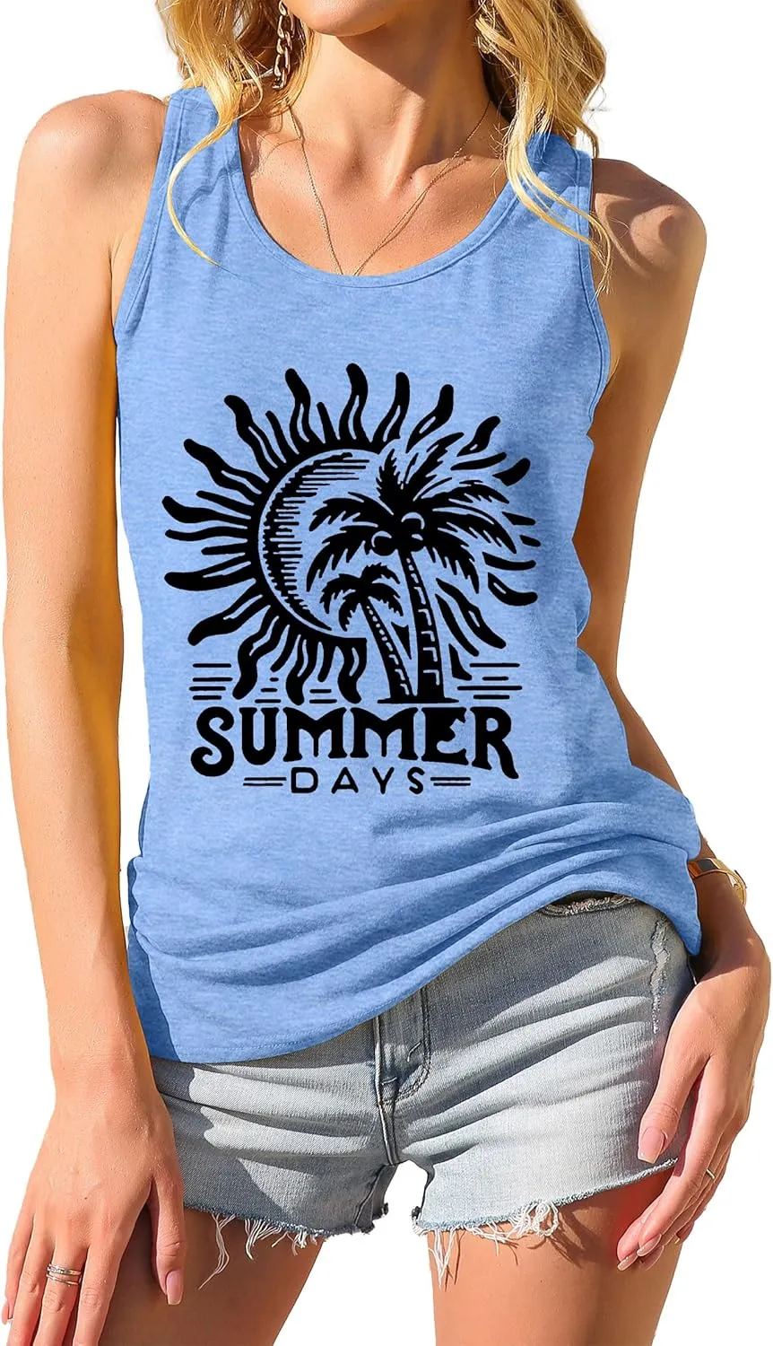 Summer Beach Tank Tops for Women Retro Sunshine Coconut Tree Graphic Sleeveless Tee Hawaiian Family Vacation Tops