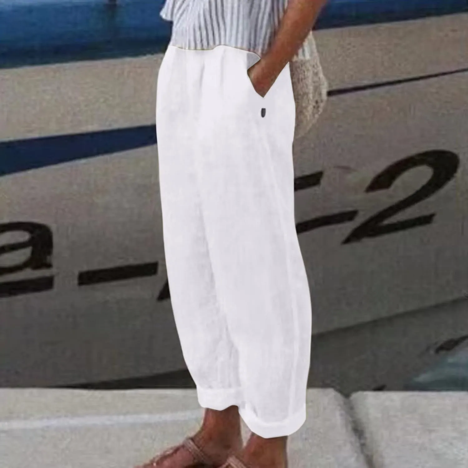 Summer Pants for Women Lightweight Cotton Linen Capri Pants Button Side Elastic Waist Casual Trousers Straight Leg Pants