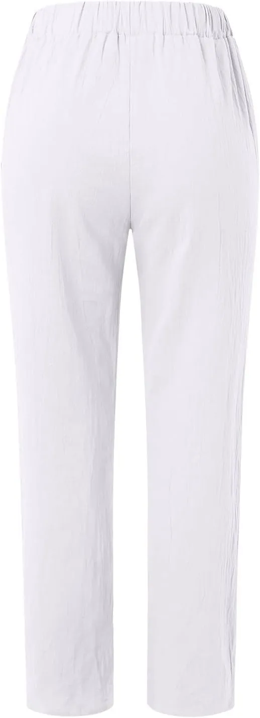 Summer Pants for Women Lightweight Cotton Linen Capri Pants Button Side Elastic Waist Casual Trousers Straight Leg Pants