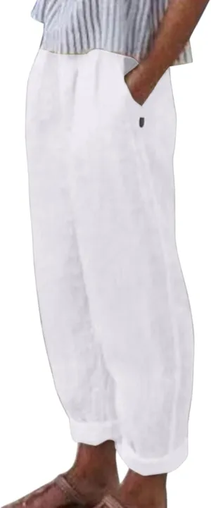Summer Pants for Women Lightweight Cotton Linen Capri Pants Button Side Elastic Waist Casual Trousers Straight Leg Pants