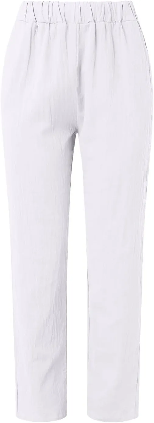 Summer Pants for Women Lightweight Cotton Linen Capri Pants Button Side Elastic Waist Casual Trousers Straight Leg Pants