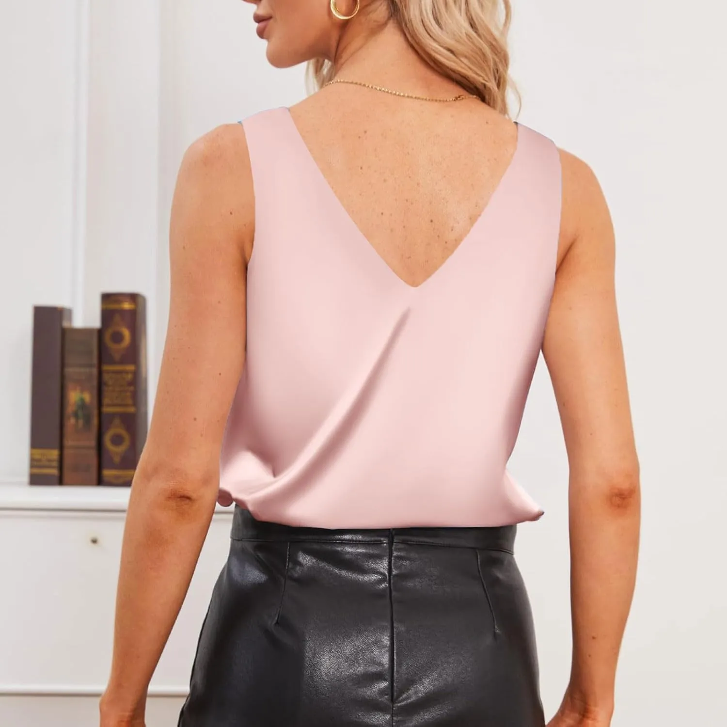 Summer Satin Tank Tops for Women Business Cami Camisole Blouse Shirt Solid Color Loose Fit Sleeveless V Neck Tank Shirt