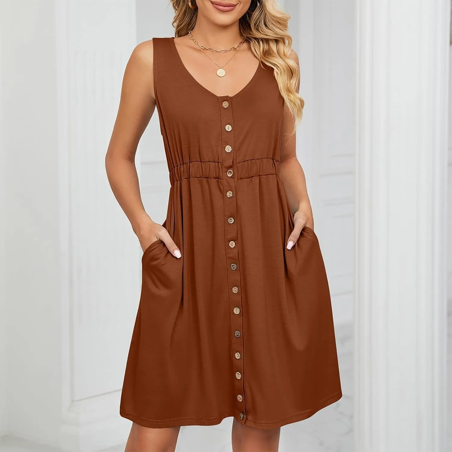 Sundresses for Women 2024,Women Summer Dresses Sleeveless Casual Swing Button Down Midi Dress with Pockets