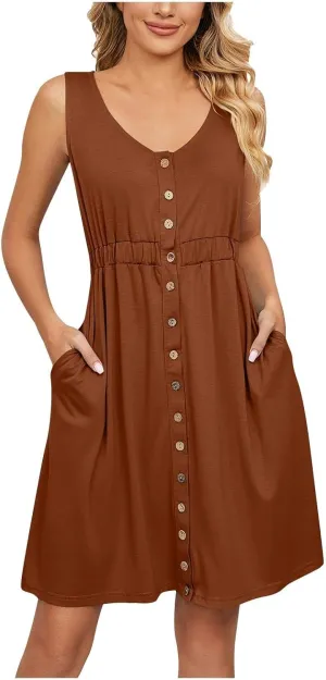 Sundresses for Women 2024,Women Summer Dresses Sleeveless Casual Swing Button Down Midi Dress with Pockets