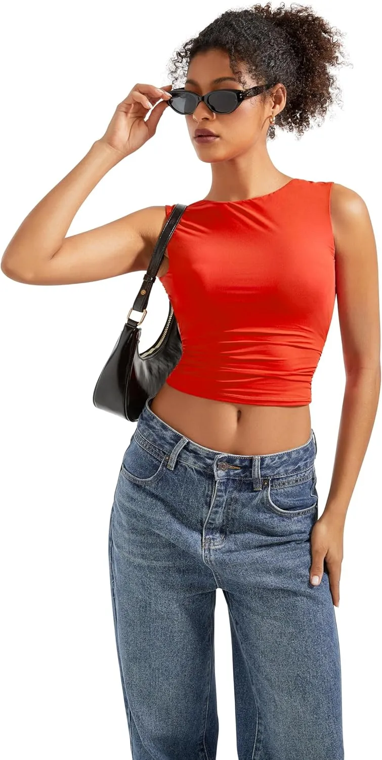 SUUKSESS Women Sexy Backless Tank Top Going Out Double Lined Y2k Basic Crop Tops
