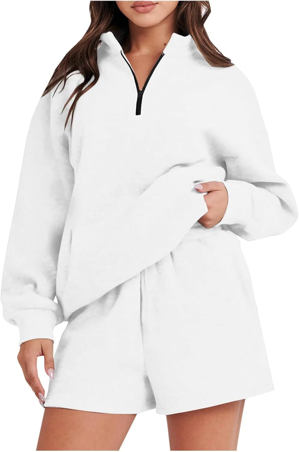 Sweat Suits For Womens 2 Piece Fall Outfits Oversized Long Sleeve Zip Up Sweatshirt With Shorts Matching Lounge Set