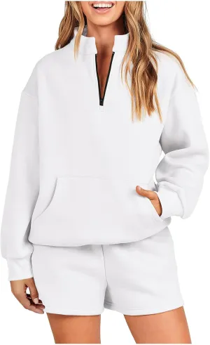 Sweat Suits For Womens 2 Piece Fall Outfits Oversized Long Sleeve Zip Up Sweatshirt With Shorts Matching Lounge Set