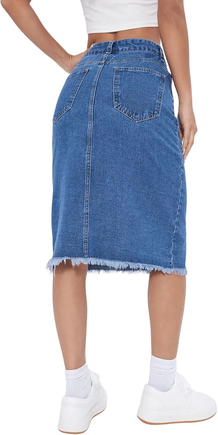 SweatyRocks Women's Casual High Waist Button Front Denim Skirt Raw Hem Midi Jean Skirts