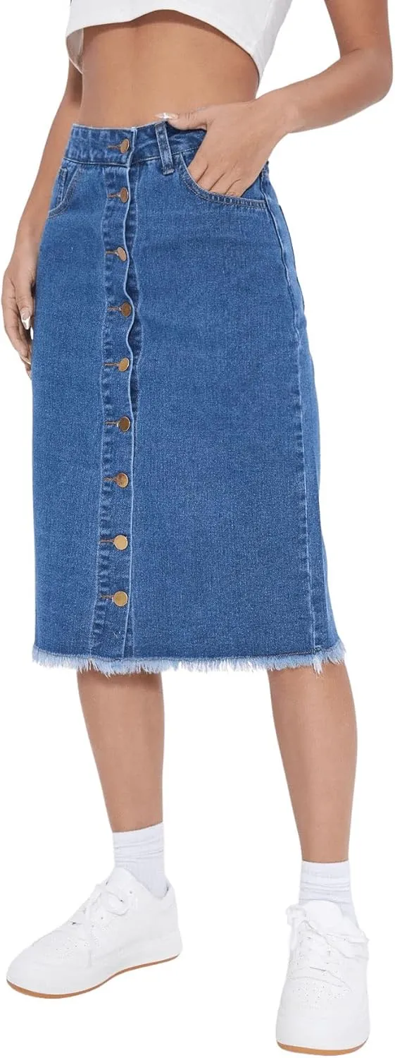 SweatyRocks Women's Casual High Waist Button Front Denim Skirt Raw Hem Midi Jean Skirts