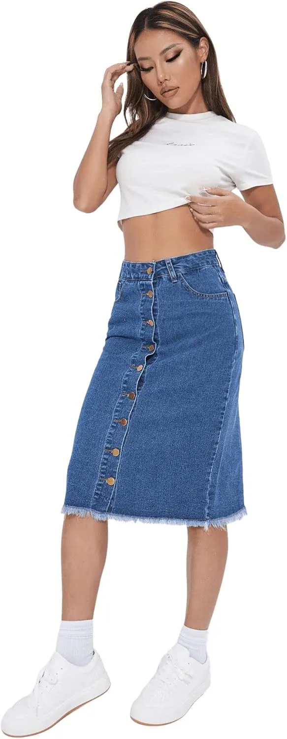 SweatyRocks Women's Casual High Waist Button Front Denim Skirt Raw Hem Midi Jean Skirts