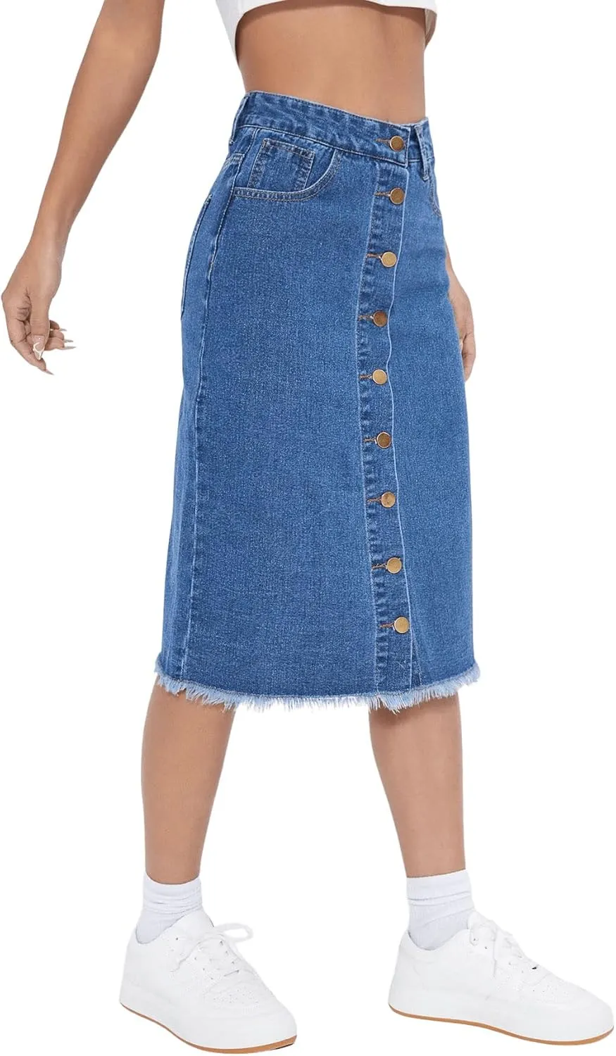 SweatyRocks Women's Casual High Waist Button Front Denim Skirt Raw Hem Midi Jean Skirts