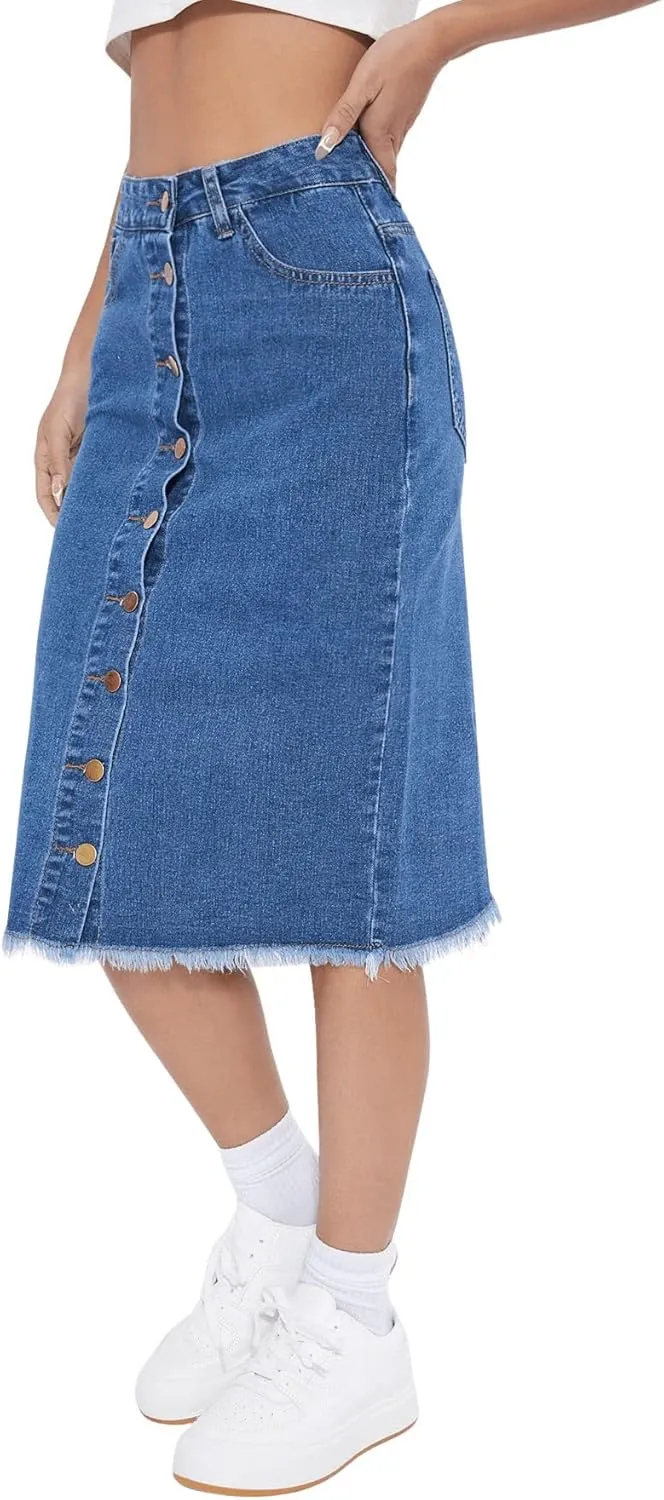 SweatyRocks Women's Casual High Waist Button Front Denim Skirt Raw Hem Midi Jean Skirts