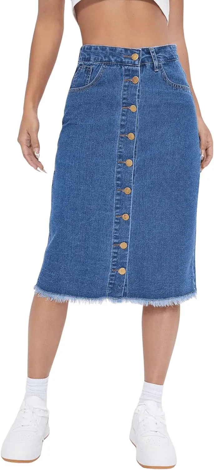 SweatyRocks Women's Casual High Waist Button Front Denim Skirt Raw Hem Midi Jean Skirts
