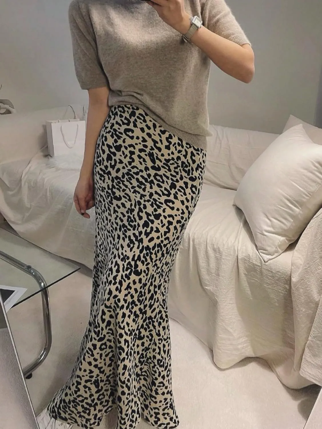 SweatyRocks Women's Leopard Print Bodycon Maxi Skirt Fishtail High Elastic Waist Long Skirts