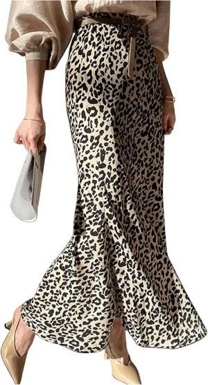 SweatyRocks Women's Leopard Print Bodycon Maxi Skirt Fishtail High Elastic Waist Long Skirts