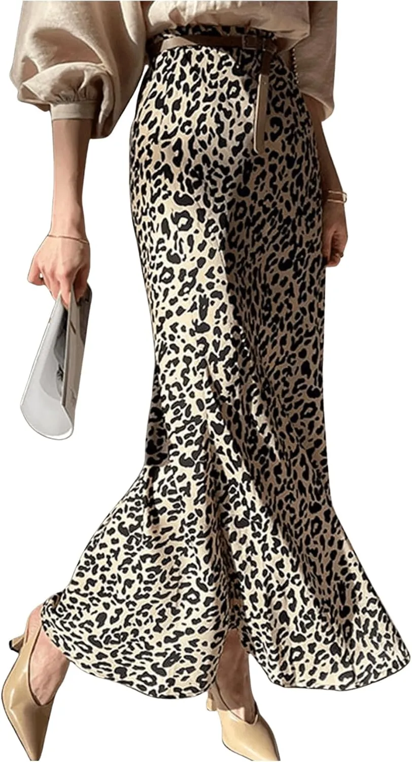 SweatyRocks Women's Leopard Print Bodycon Maxi Skirt Fishtail High Elastic Waist Long Skirts