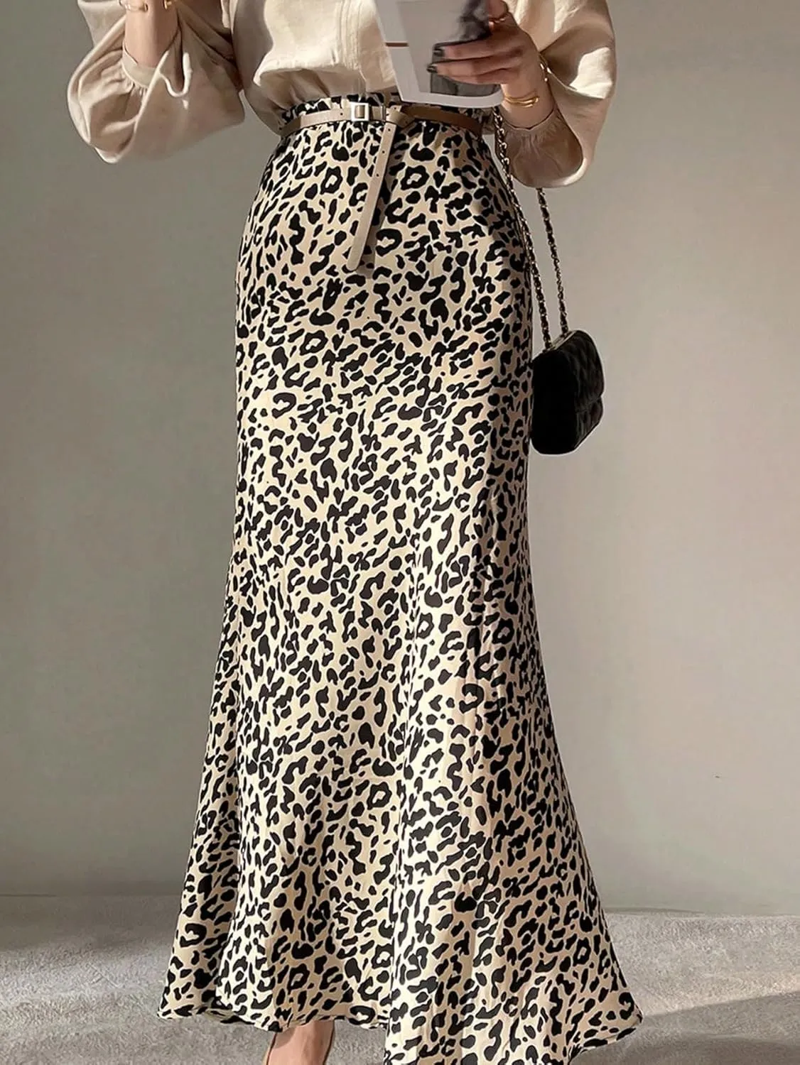 SweatyRocks Women's Leopard Print Bodycon Maxi Skirt Fishtail High Elastic Waist Long Skirts