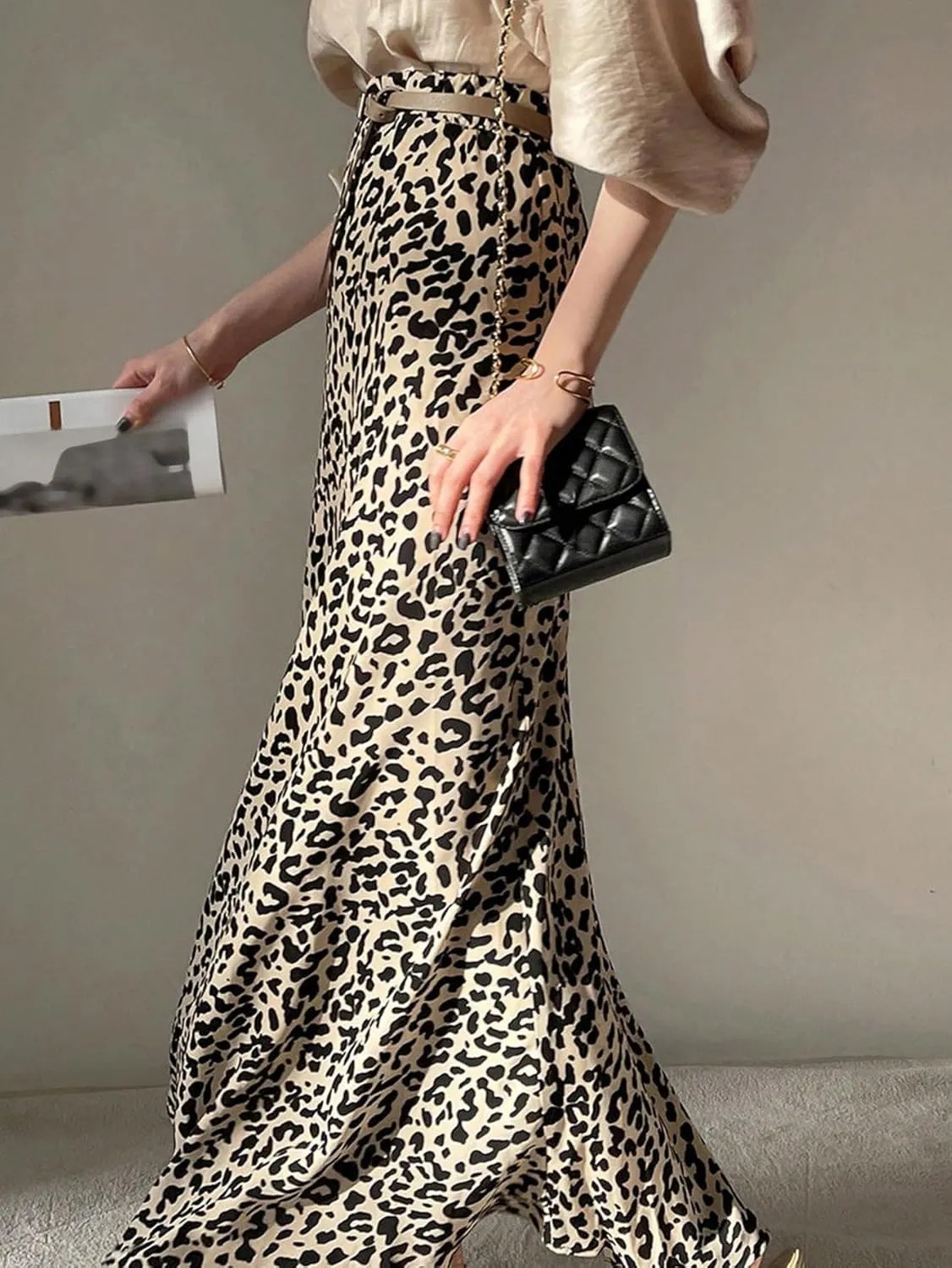 SweatyRocks Women's Leopard Print Bodycon Maxi Skirt Fishtail High Elastic Waist Long Skirts
