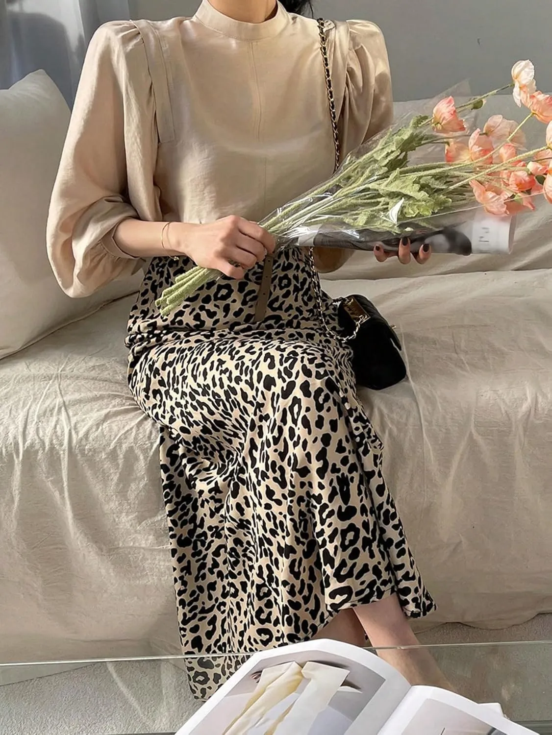 SweatyRocks Women's Leopard Print Bodycon Maxi Skirt Fishtail High Elastic Waist Long Skirts