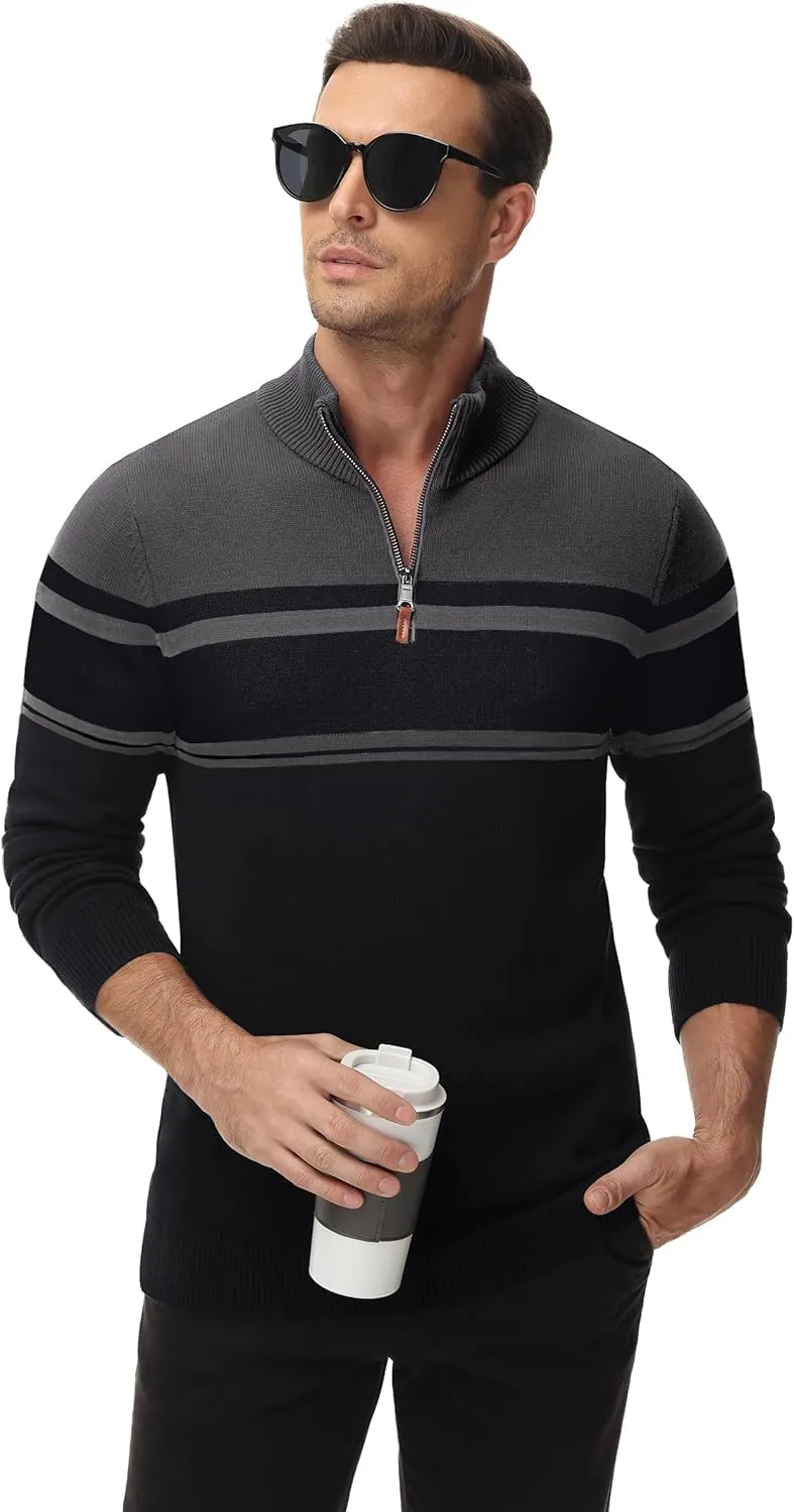 TACVASEN Mens Sweater Quarter Zip Pullover Cotton Long Sleeve Sweaters Striped Causal Pullovers Fall Winter Sweatshirt