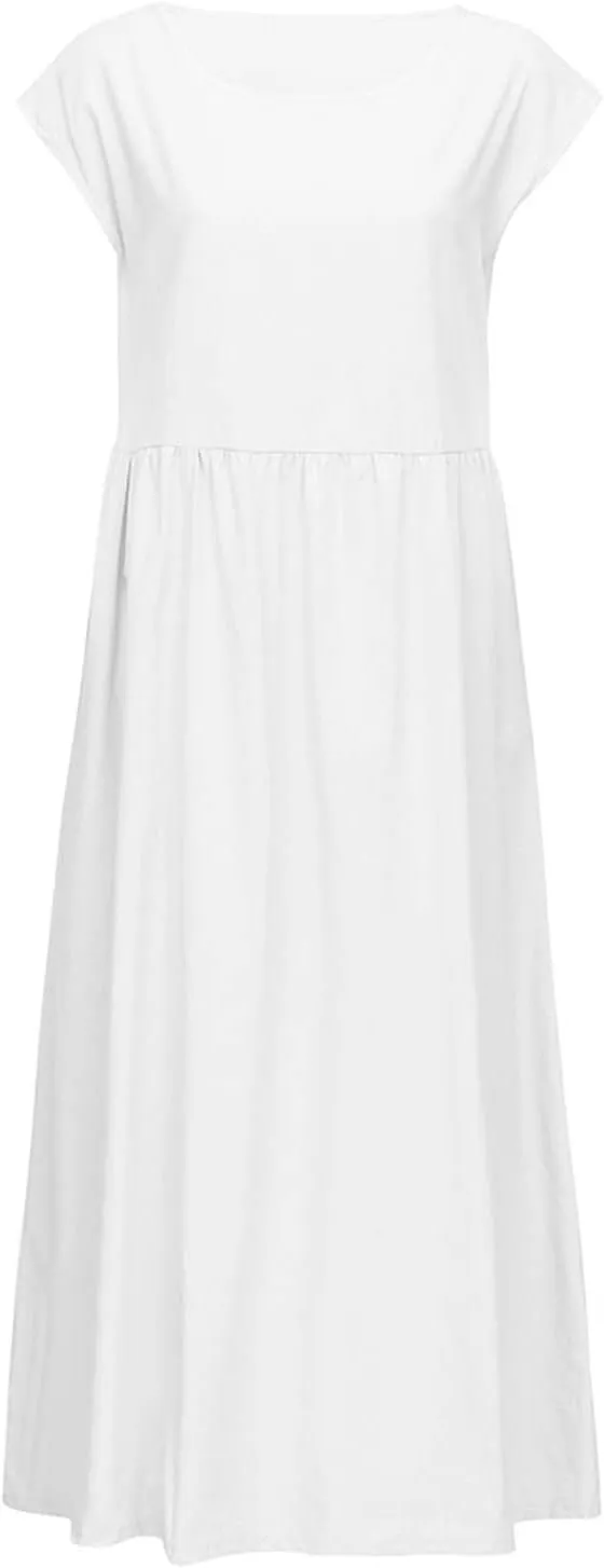 TANGNADE Womens Cotton Linen Maxi Dress Summer Solid Color Short Sleeve Crew Neck Dresses Plus Size Flowy Beach Dress