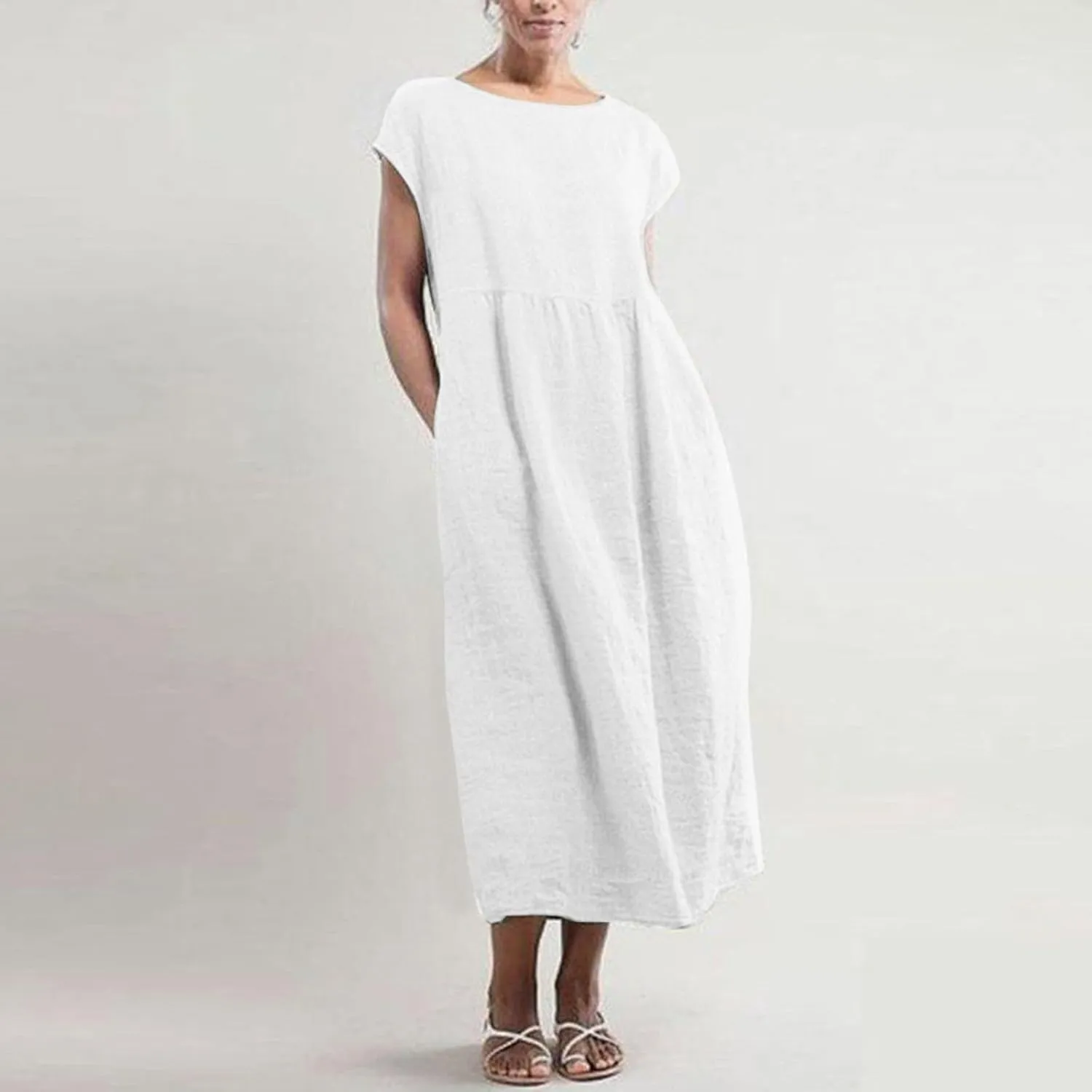 TANGNADE Womens Cotton Linen Maxi Dress Summer Solid Color Short Sleeve Crew Neck Dresses Plus Size Flowy Beach Dress