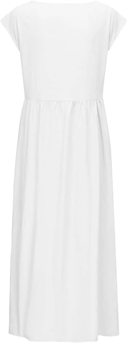 TANGNADE Womens Cotton Linen Maxi Dress Summer Solid Color Short Sleeve Crew Neck Dresses Plus Size Flowy Beach Dress
