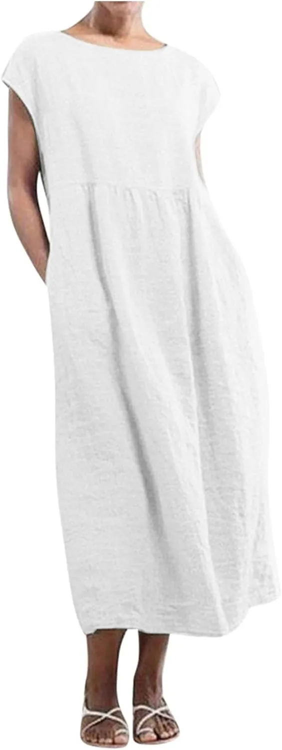TANGNADE Womens Cotton Linen Maxi Dress Summer Solid Color Short Sleeve Crew Neck Dresses Plus Size Flowy Beach Dress