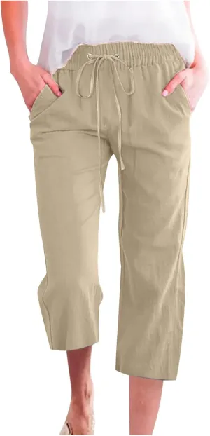 TARIENDY Capris Pants for Women Casual Summer 2025 Straight Wide Leg Elastic Drawstring Pants High Waisted Cropped Trouser