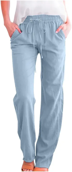 TARIENDY High Waist Pants for Women Drawstring Straight Leg Lounge Pant Loose Comfy Casual Summer Trousers with Pockets