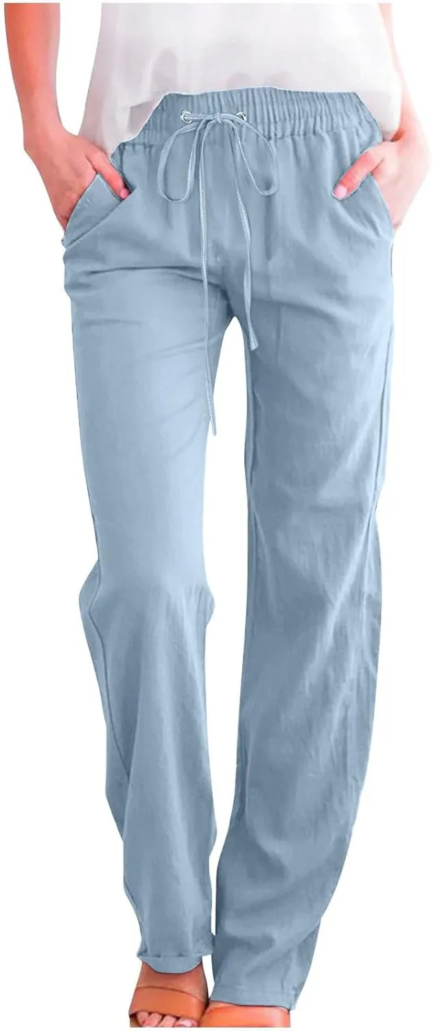 TARIENDY High Waist Pants for Women Drawstring Straight Leg Lounge Pant Loose Comfy Casual Summer Trousers with Pockets