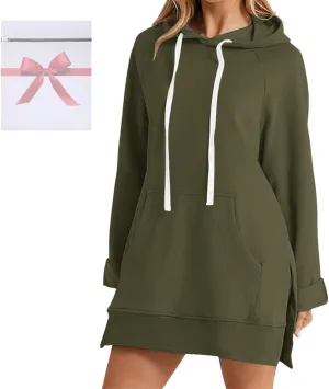 The Warmy Oversized Hoodie Dress for Womens Long Sleeve Split Hem Drawstring Midi Dress Pullover Hoodies with Pocket