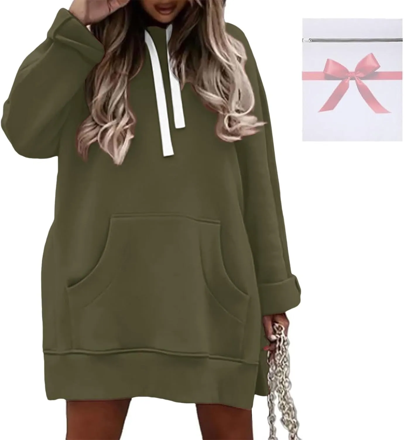 The Warmy Oversized Hoodie Dress for Womens Long Sleeve Split Hem Drawstring Midi Dress Pullover Hoodies with Pocket