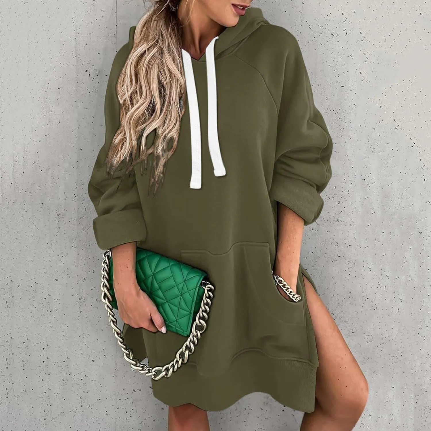 The Warmy Oversized Hoodie Dress for Womens Long Sleeve Split Hem Drawstring Midi Dress Pullover Hoodies with Pocket