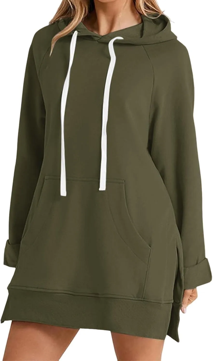 The Warmy Oversized Hoodie Dress for Womens Long Sleeve Split Hem Drawstring Midi Dress Pullover Hoodies with Pocket