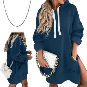 The Warmy Oversized Hoodie Dress Women, First Ones Hoodie for Women, Casual Long Sleeve Split Hem with Pocket