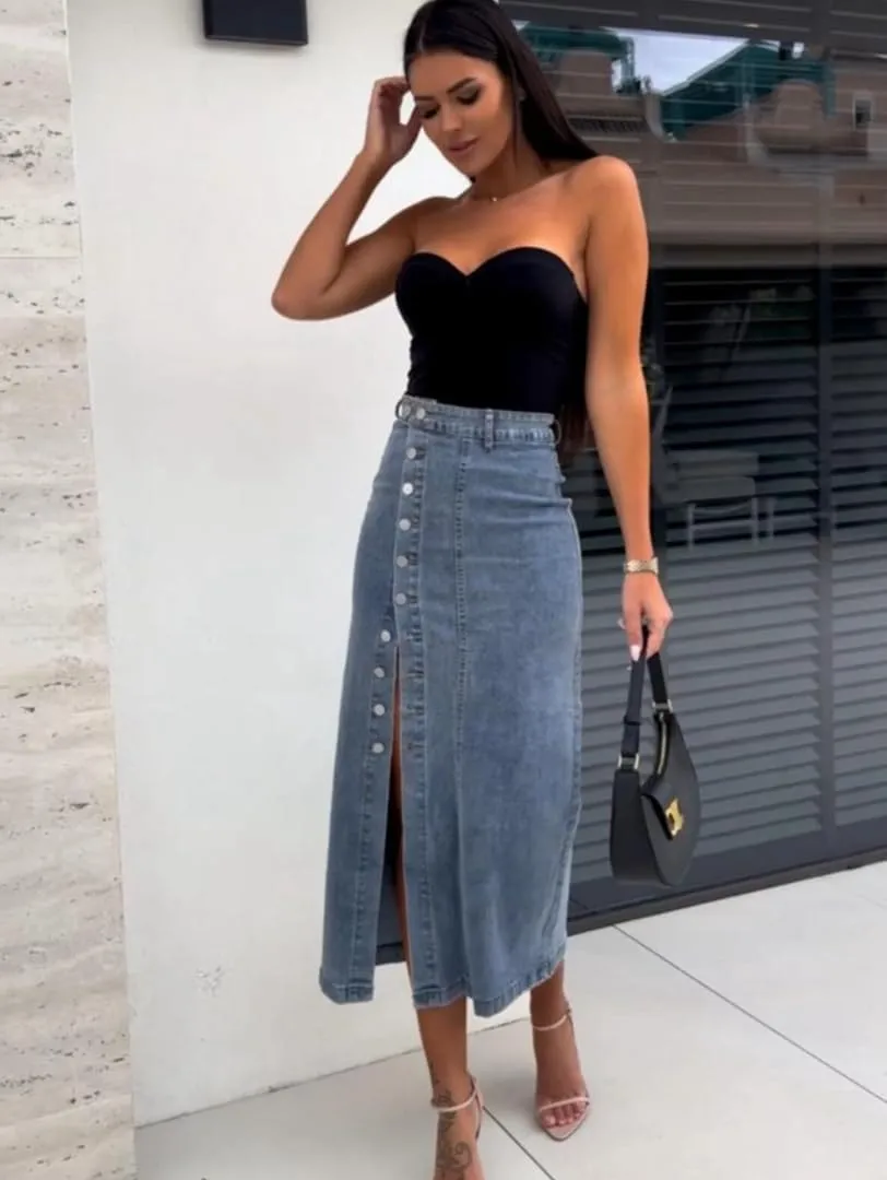 THLAI Womens Denim Irregular Split Skirt High Waisted Midi Skirts Solid Slim Y2K Skirt