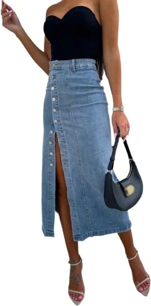 THLAI Womens Denim Irregular Split Skirt High Waisted Midi Skirts Solid Slim Y2K Skirt