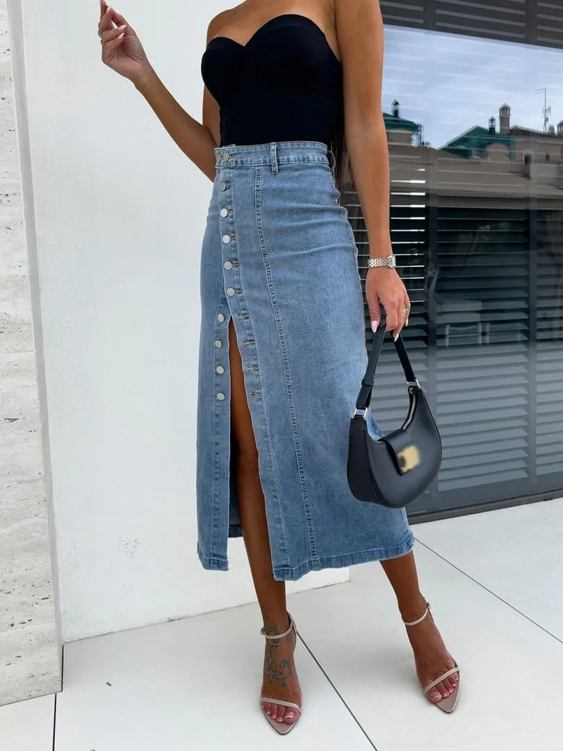 THLAI Womens Denim Irregular Split Skirt High Waisted Midi Skirts Solid Slim Y2K Skirt