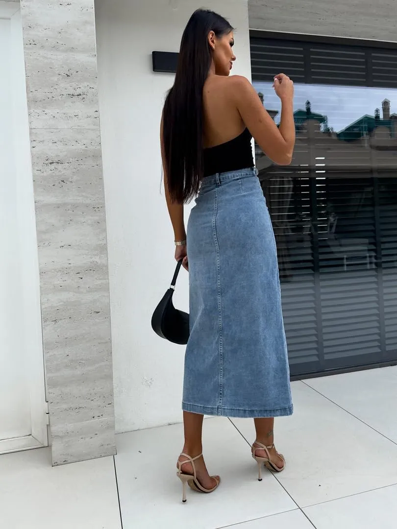 THLAI Womens Denim Irregular Split Skirt High Waisted Midi Skirts Solid Slim Y2K Skirt