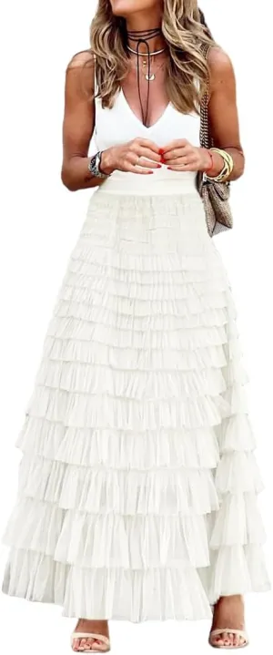 THLAI Womens Mesh Maxi Skirt Long Skirts Spring Summer Solid Skirt