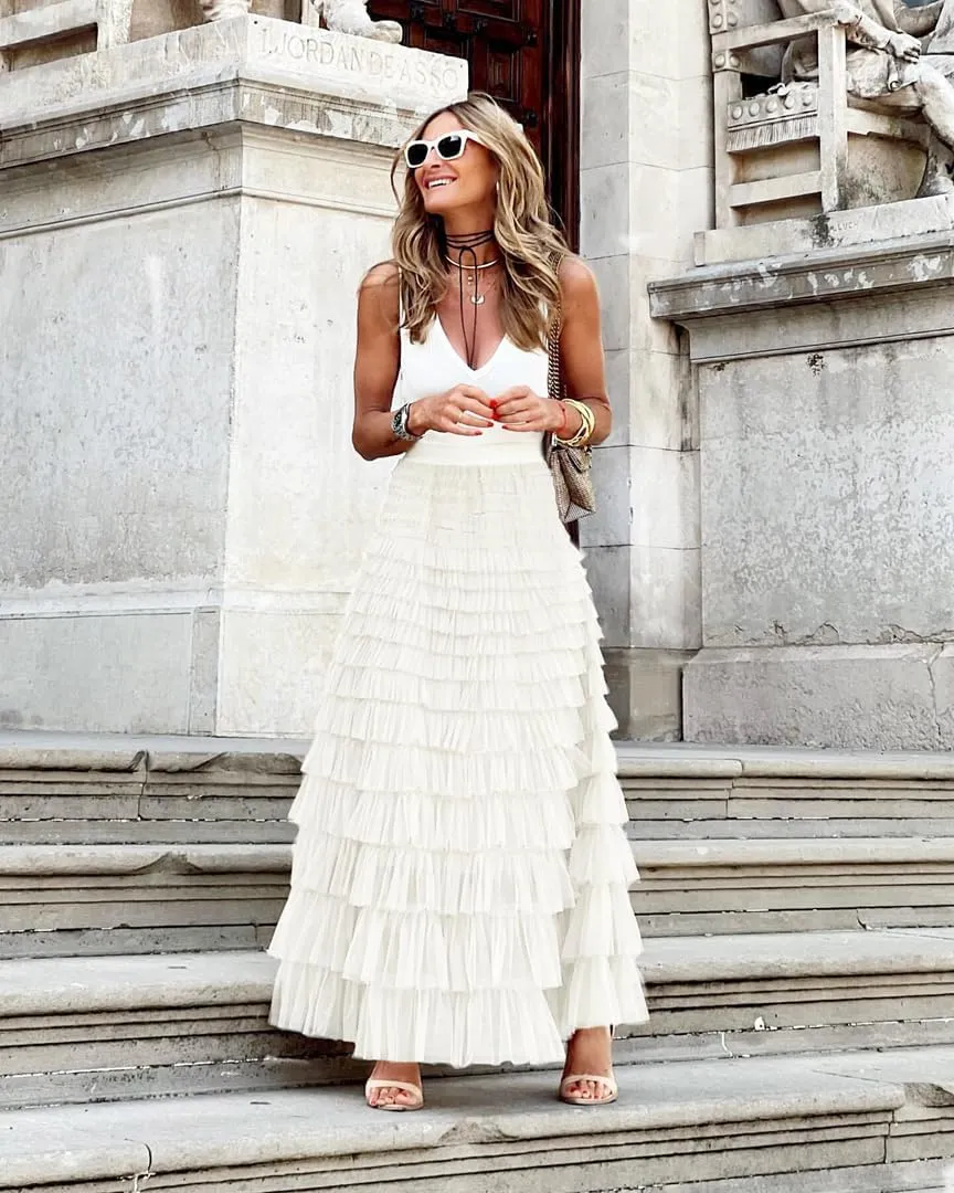 THLAI Womens Mesh Maxi Skirt Long Skirts Spring Summer Solid Skirt
