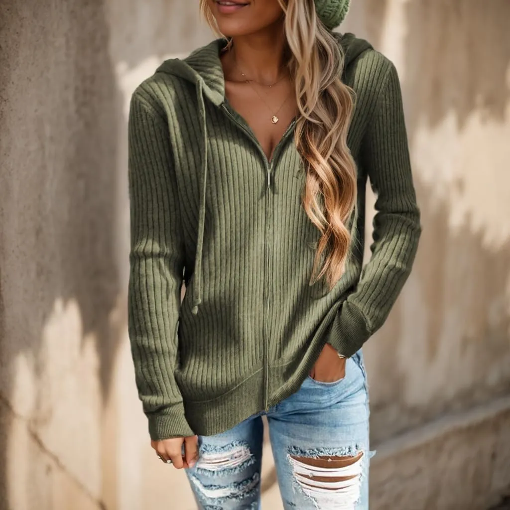 TIAFORD Women Zip Up Cardigan Sweater Oversized Long Sleeve Drawstring Hoodie Sweater Knit Open Front Hooded Outwear Coat