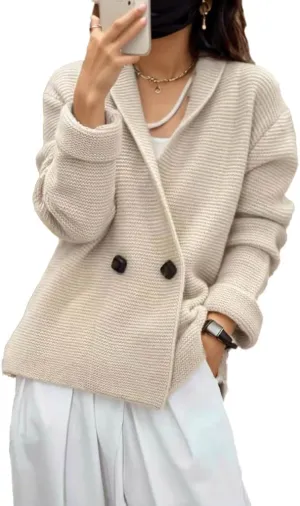 TIAFORD Women's Casual Solid Cardigan Sweater Fashion V Neck Button Double Breasted Long Sleeve Knitted Sweater Coat Apricot