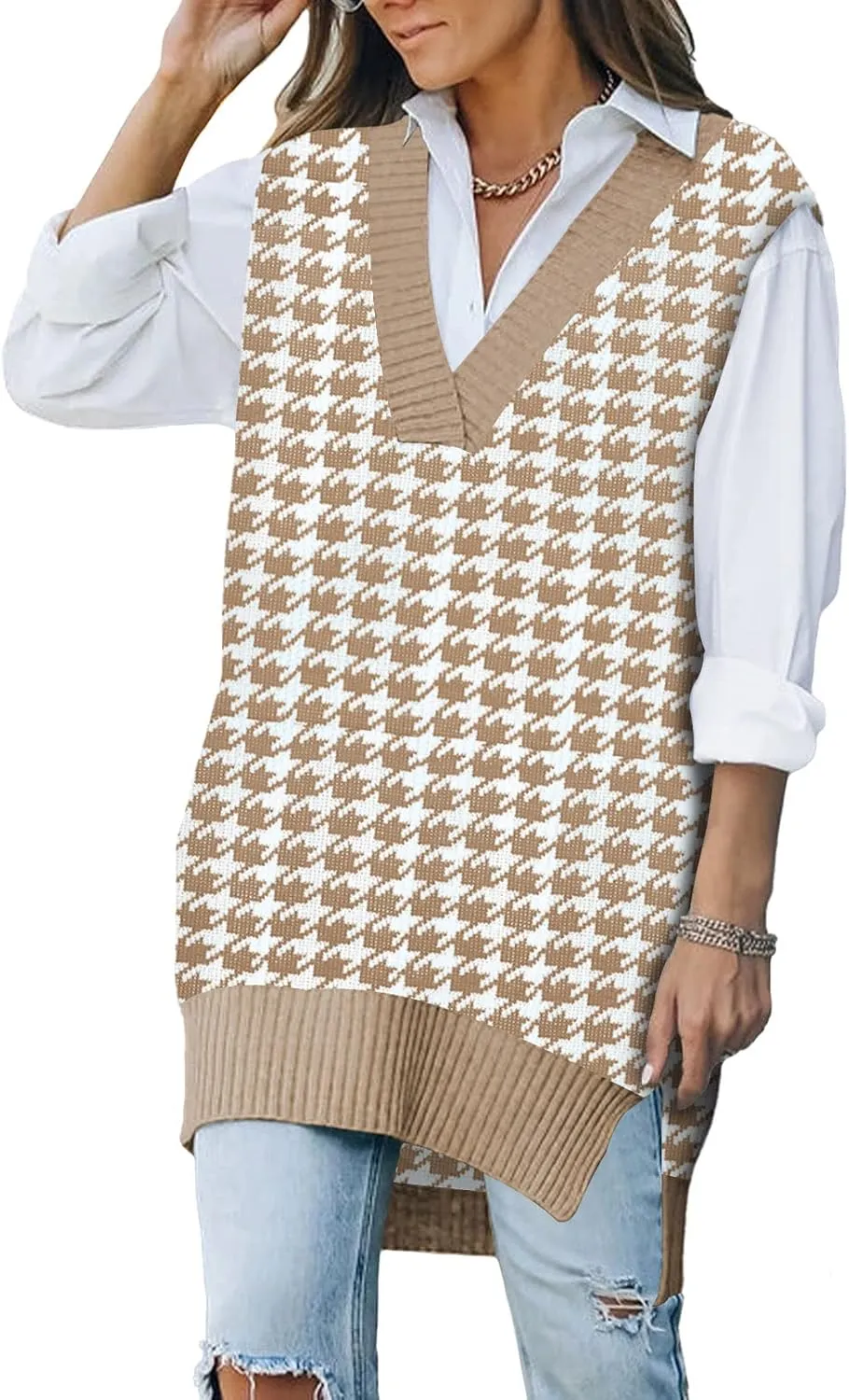 TOLENY Women V Neck Sweater Vest Tops Oversized Sleeveless Tunic Pullover Knitted Tops