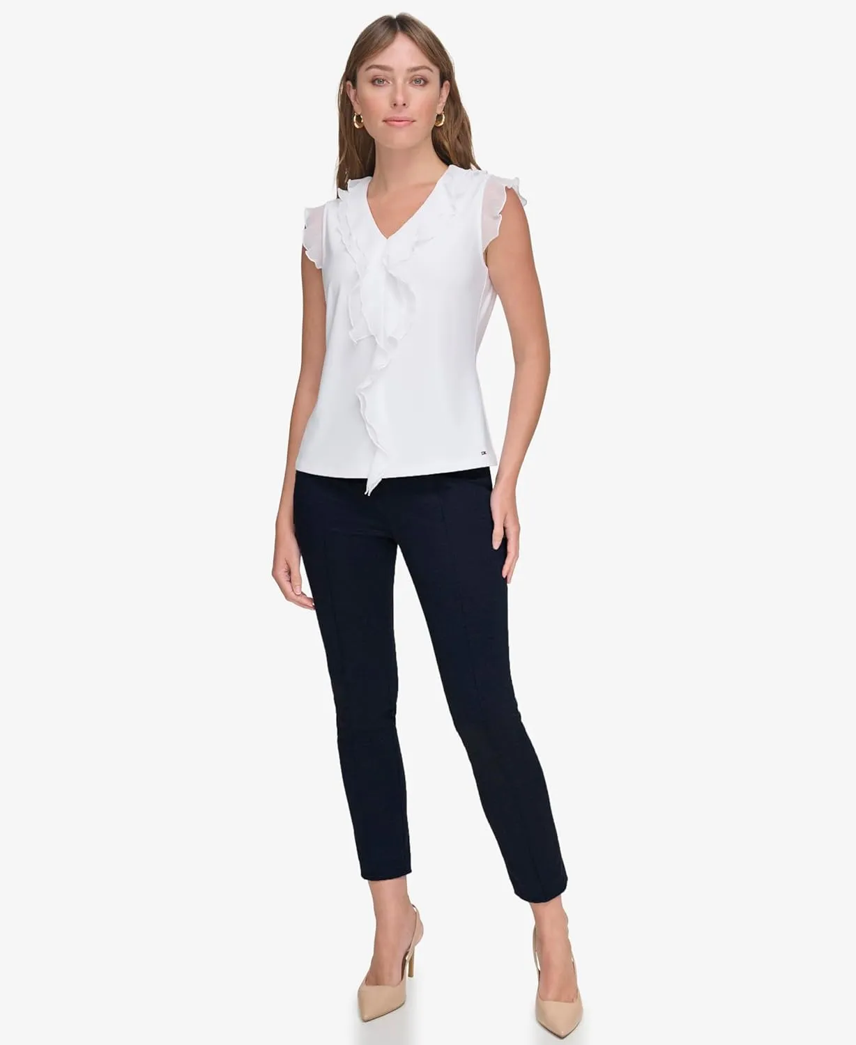 Tommy Hilfiger Women's Work Shirt Sleeveless Ruffle Front Shirts