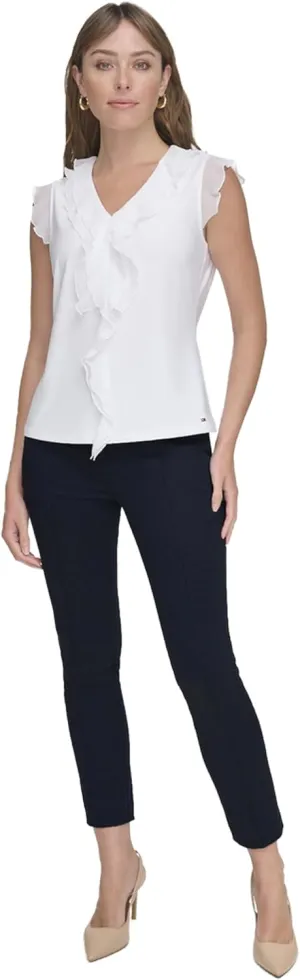 Tommy Hilfiger Women's Work Shirt Sleeveless Ruffle Front Shirts