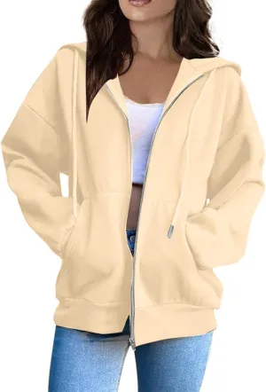 Tops for Women Zip Up Hooded Sweatshirt Ladies Solid Color Long Sleeve Casual Loose Lightweight Jacket with Pockets