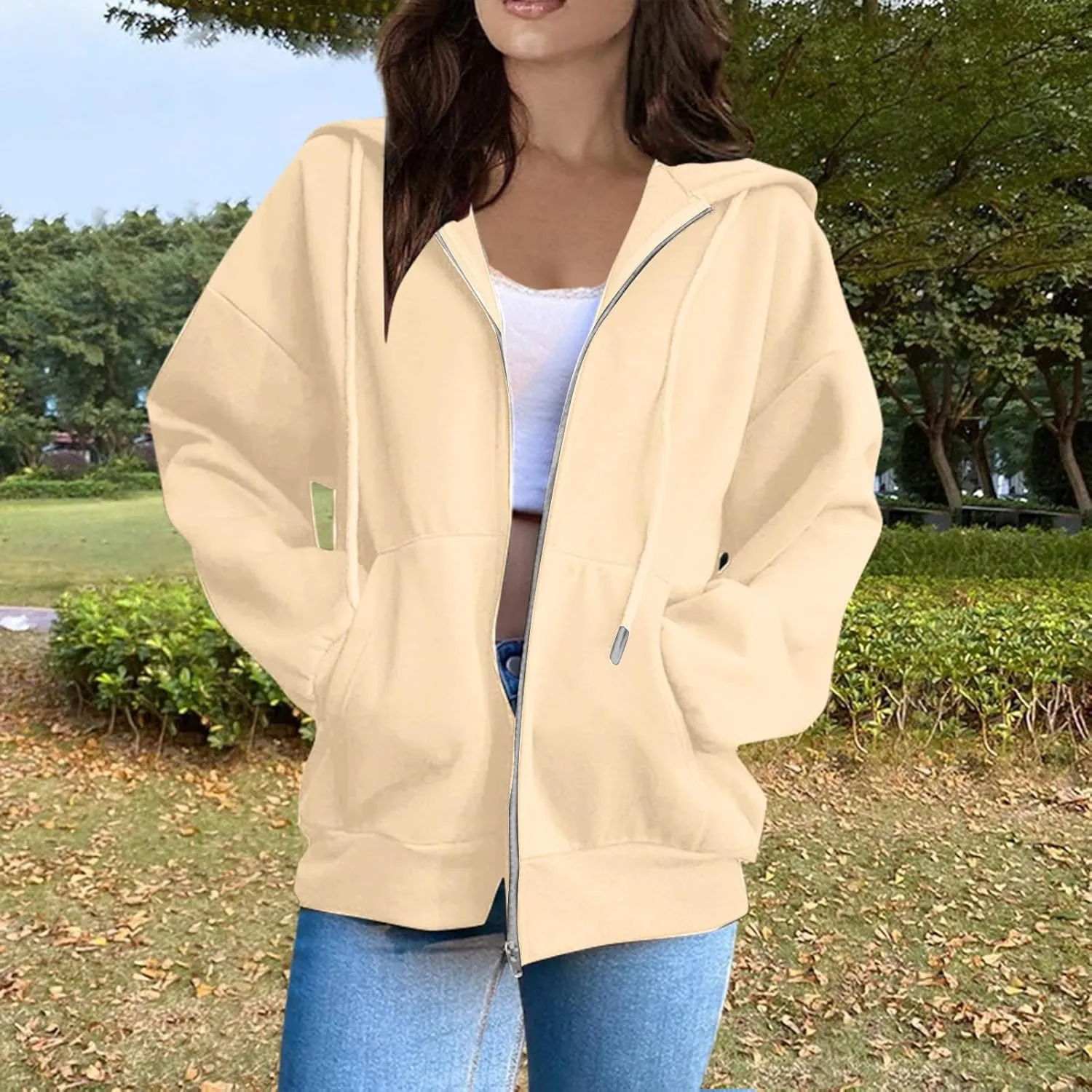Tops for Women Zip Up Hooded Sweatshirt Ladies Solid Color Long Sleeve Casual Loose Lightweight Jacket with Pockets