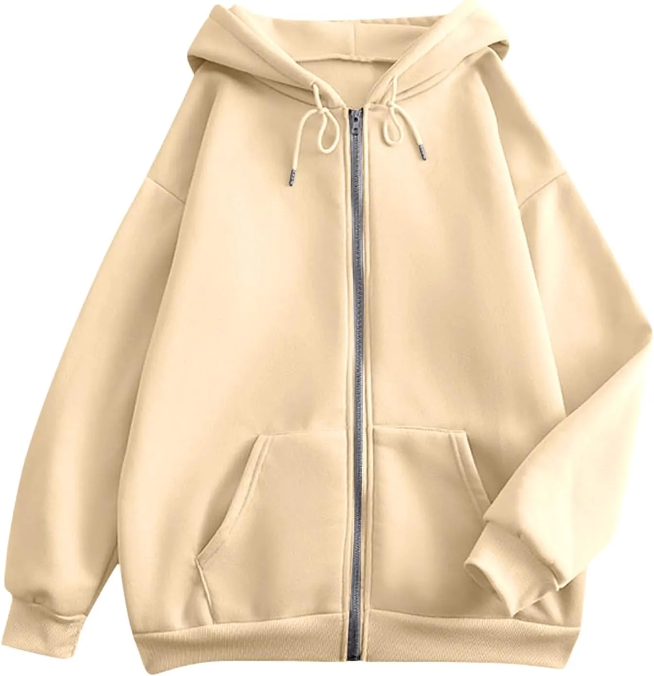 Tops for Women Zip Up Hooded Sweatshirt Ladies Solid Color Long Sleeve Casual Loose Lightweight Jacket with Pockets